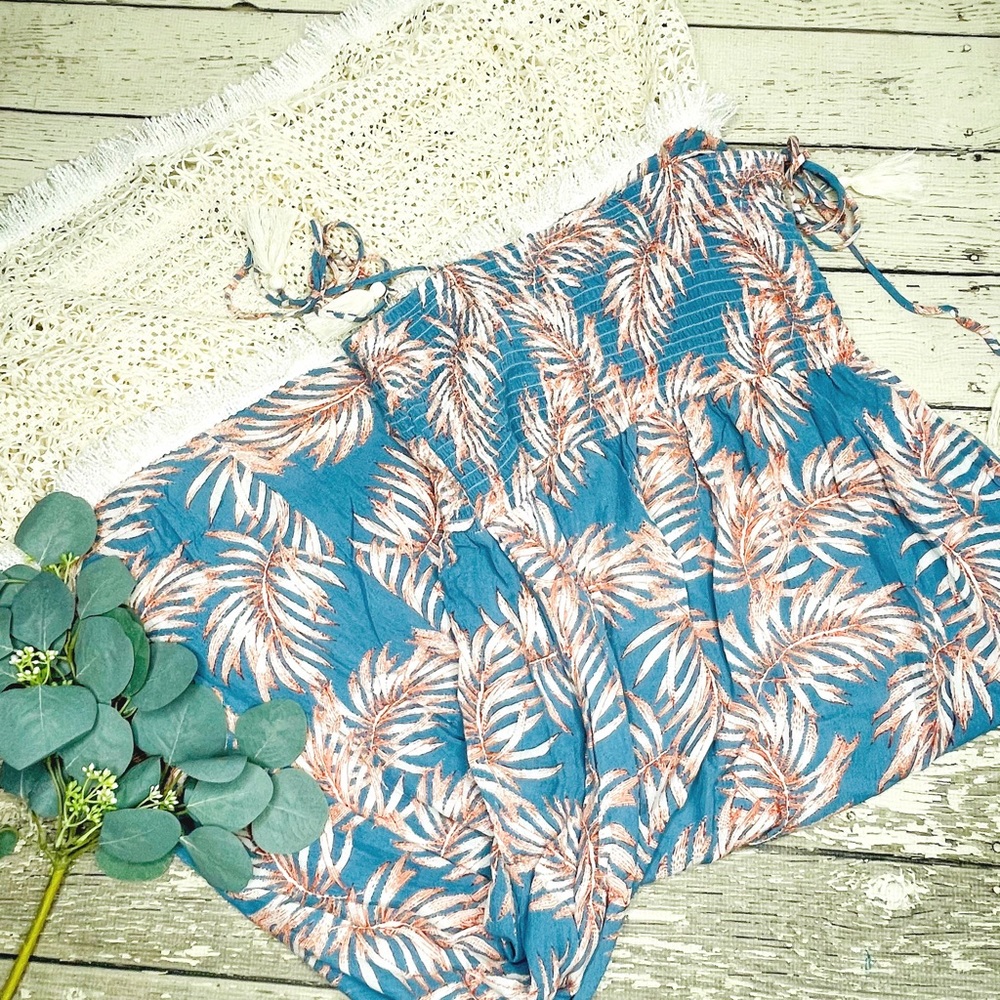 Sadie & Sage Tropical Print Smocked Crochet Trim Maxi Dress